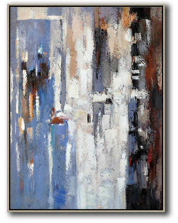 Vertical Palette Knife Contemporary Art,Oversized Canvas Art,Blue,White,Grey,Red